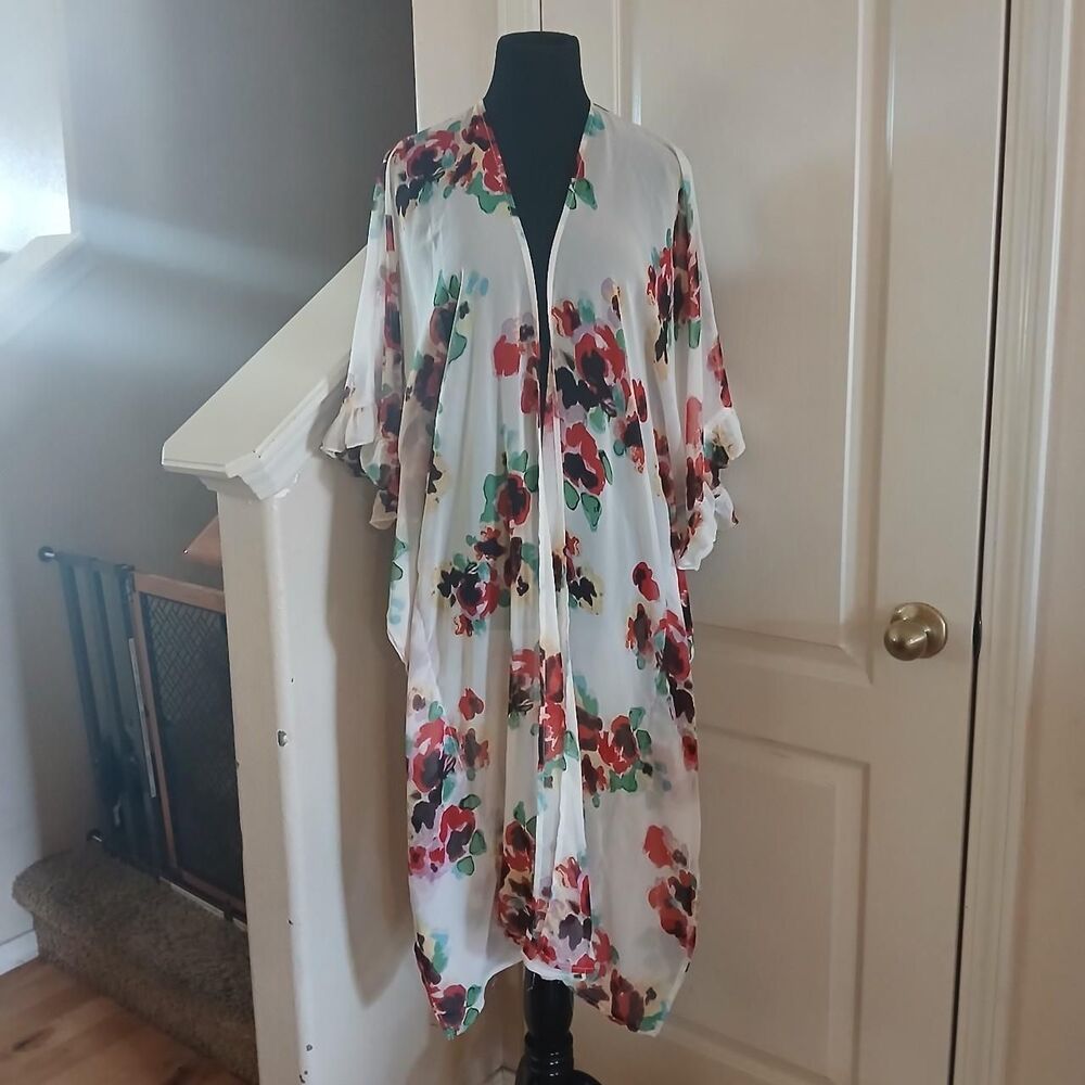 Betsey Johnson Floral Sheer Ruffle Sleeve Boho Duster Kimono Cover Up Coquette